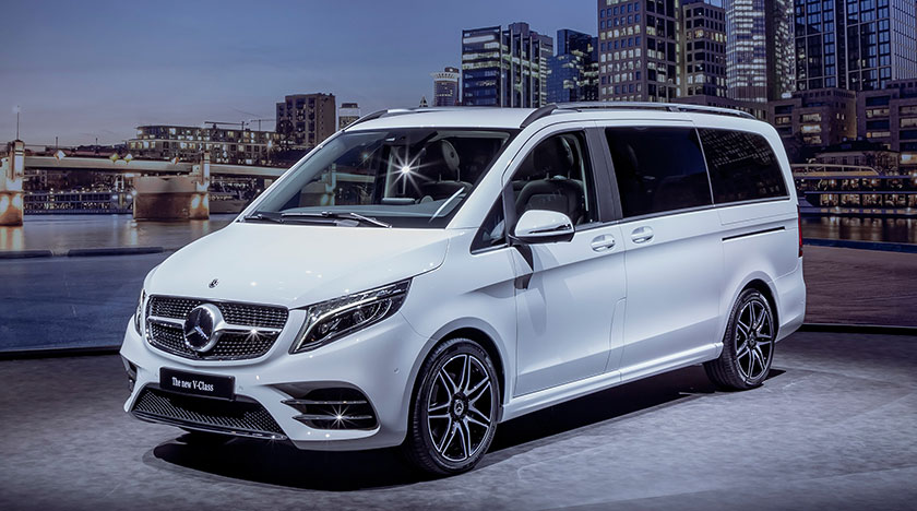 Mercedes Benz V-Class Parked Against a Backdrop of Skyscrapers