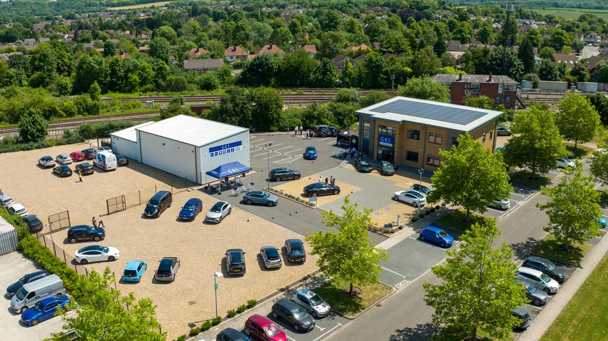 Aerial photograph of GKL office buildings and car parks